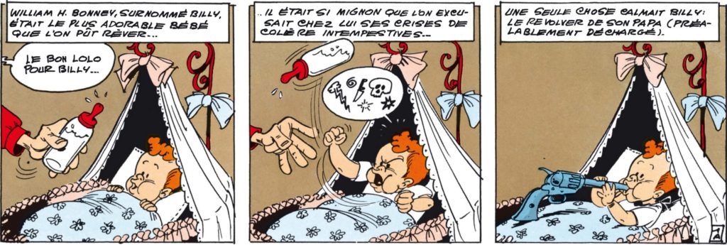 Comic strip, baby refusing a bottle of milk, prefers to suck on a gun instead