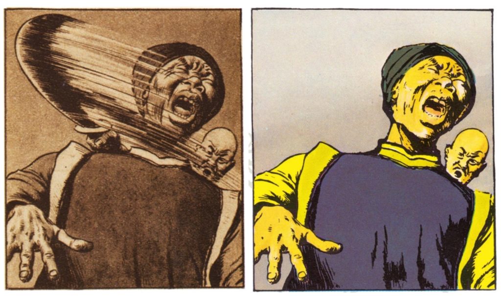 Two images in a comic strip in which a character from Tintin series is beheaded and in the other one it looks like he's being stabbed from the back instead